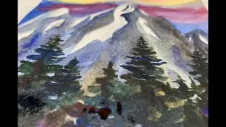 Как нарисовать закат и горы. Рисуем горный пейзаж акварелью. Урок рисования. Рисую просто и легко.