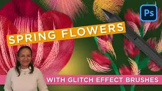 Abstract spring flowers illustration tutorial with glitch effect Photoshop brushes