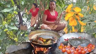 Skills catch fish in river for survival food, Turtle and egg curry spicy so delicious food, +4 Video