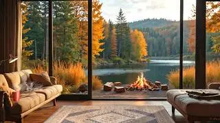 Autumn Porch Ambience with Cozy Campfire by the Lake and Relaxing Nature Sounds in Fall Forest