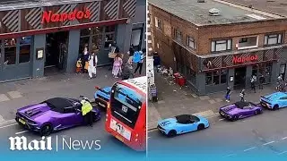 Three Lambos outside Nando's attract attention of traffic warden