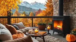 Cozy Autumn Terrace 🍂 Crackling Fireplace, Relaxing Birdsong, Falling Leaves & Fall Ambience