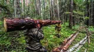 Хижина у реки. Пришел голодный гость! Заготовил бревна. Самое вкусное блюдо на костре!