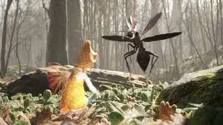 A little war elf fights with an elven sword against a formidable and hostile flying insect.