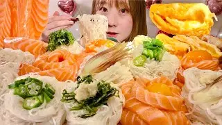 ASMR Somen Noodles Salmon Noodles Cheese Omelette【Mukbang/ Eating Sounds】【English subtitles】