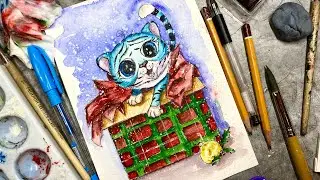 Как нарисовать тигра. Как нарисовать новогоднюю коробку. Новогодний скетч. Акварель.