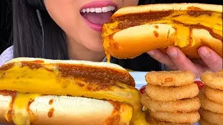ASMR CHEESY Chili Cheese Hot Dog + Onion Rings *7-Eleven* | ASMR Phan