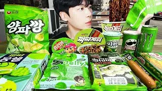 ASMR MUKBANG | GREEN FOOD HONEY JELLY CANDY Desserts (Noodles Jelly, chocolate) Convenience store