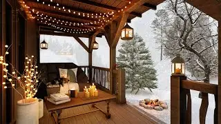 Winter Cozy Porch Ambience with Relaxing Sounds of Campfire and Falling Snow for Relaxation or Sleep