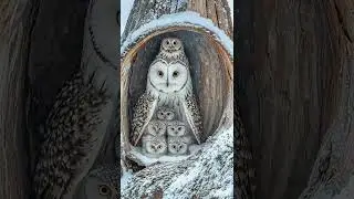 Scene of a mother owl guarding her baby bird in the snow and wind, waiting with her baby in the nest