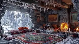 Medieval Cave Retreat: Cozying Up by the Warm Fireplace as a Snowstorm Through the Wild Forest