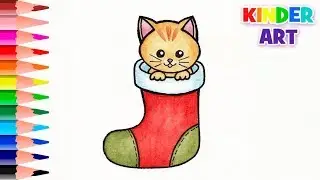 How to draw a kitten in christmas stocking