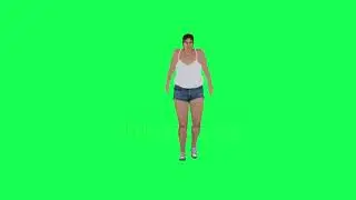 A fat woman with a big body in green screen with white swing and blue leo shorts and pale blue