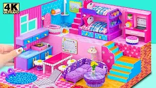 Building 2 Floor Pink House has Bunk Bed, Round Swimming Pool ❤️ DIY Miniature Cardboard House