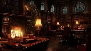 Winter Magic in Cozy Library 4K | Relaxing Fireplace Sounds and Gentle Snowfall | Resting Area