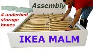 Ikea MALM Bed frame assembly with 4 storage boxes White/luröy