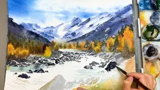 Как нарисовать пейзаж | Как нарисовать осень акварелью | Как нарисовать горы | Школа Артилайк