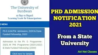 PhD Admission Notification 2021 from a State University || Atri Net Classes