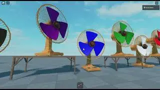 A Vibrant Array of Colorful Vintage Fans Displayed on Wooden Tables Under a Clear Blue Sky