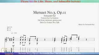 Menuet No.3, Op.11 - Fernando Sor - for Classical Guitar with Tab
