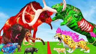 10 Mammoth Elephant Cow vs 10 Tiger lion Dinosaur Zombie Fight Cow Buffalo Saved By Woolly Mammoth