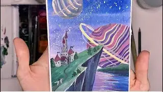 Как нарисовать фантастическую иллюстрацию. Рисуем фантастику.  Рисуем космос, планеты, море, замок.