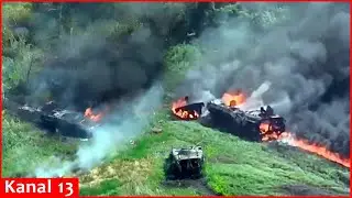 Russian equipment burning after a drone strike in Kharkiv