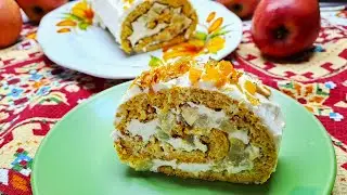 Tender Carrot Roll: No Flour, with Apples and Cottage Cheese Cream.