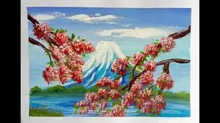 Как нарисовать горы и сакуру.Рисуем ветку сакуры.Как нарисовать пейзаж за 5 минут.