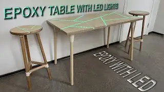 Plywood Epoxy table with LED lights + 2 bar stools