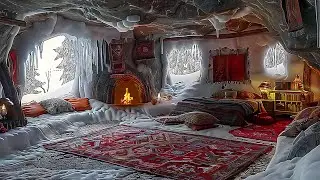 Ease Stress with Cozy Snowstorm Sounds & Fireplace in a Cave | Discover Peace on a Winter Night