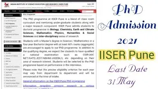 PhD Admission 2021 || IISER Pune || Last date 31st May