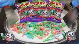 A lot of Haribo Candy ASMR Ice Cream Rolls with Sour Haribo Candy