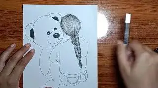 How to Draw A beautiful Girl Holding toy Teddy bear