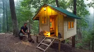 Building a Tiny House in the Forest - Off Grid Log Cabin - Start to Finish