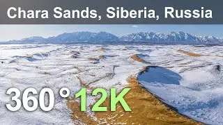 Chara Sands. Relax flight above Siberian desert, Russia. Aerial 360 video in 12K.