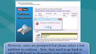 MiniTool Partition Recovery Error:please select a lost partition to continue