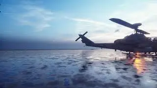 Military helicopters take off from an aircraft carrier in the early morning.