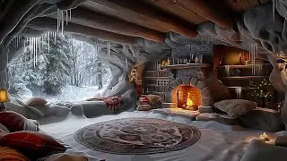 Cozy Winter Cave: Warm Fireplace and Winter Winds for Deep Sleep Amidst an Intense Blizzard