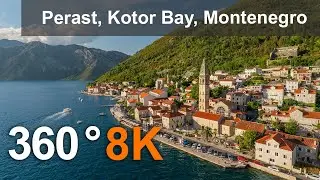 Perast , Bay of Kotor, Montenegro. 8K 360 aerial video.