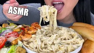 ASMR FETTUCCINE ALFREDO PASTA + SHRIMP (Eating Sounds) | Olive Garden Feast | No Talking ASMR Phan