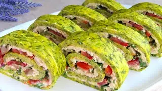 The most delicious snack ZUCCHINI roll with ham and tomatoes