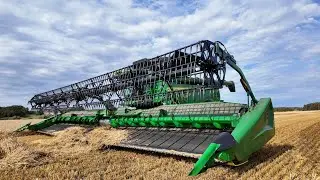 John Deere X9 1100 combine Cutting Barley with 45ft. wide HDX Draper Header | Harvest 2024