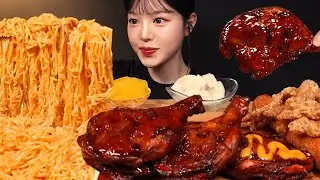 Spicy Towoomba Ramyeon, BBQ Grilled Chicken, Crispy Shrimp Sticks Mukbang ASMR