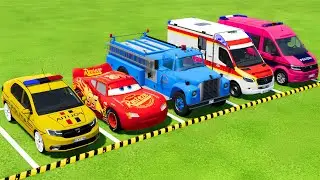 POLICE CARS, MCQUEEN CAR, AMBULANCE VEHICLES TRANSPORTING WITH TRUCKS ! Farming simulator 22