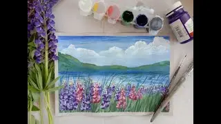 Полевые цветы Люпины. Пейзаж гуашью.
