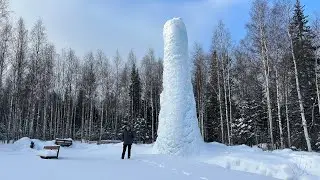 Ледяной фонтан (сосулька) в национальном парке Зюраткуль, городской округ Сатка, Челябинская область