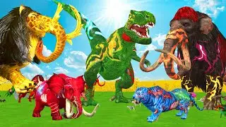 5 Giant Mammoth Elephant cow vs 5 Giant Lion Tiger vs Zombie Bull Gorilla Saved by Woolly Mammoth
