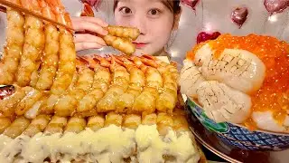 ASMR Soy Sauce Marinated Raw Shrimp Scallop Rice【Mukbang/ Eating Sounds】【English subtitles】