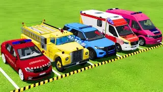 POLICE CARS, AMBULANCE VEHICLES, FIRE DEPARTMENT TRANSPORTING SCANIA TRUCKS ! Farming Simulator 22